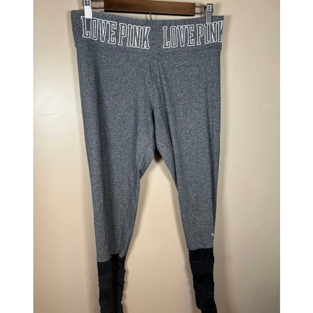 Victoria's Secret PINK Yoga Leggings Gray Black Mesh Panel Logo Waist Large